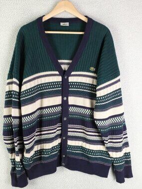 Lacoste Cardigan Mens 6 Extra Large Green White Sweater Button Up V Geometric